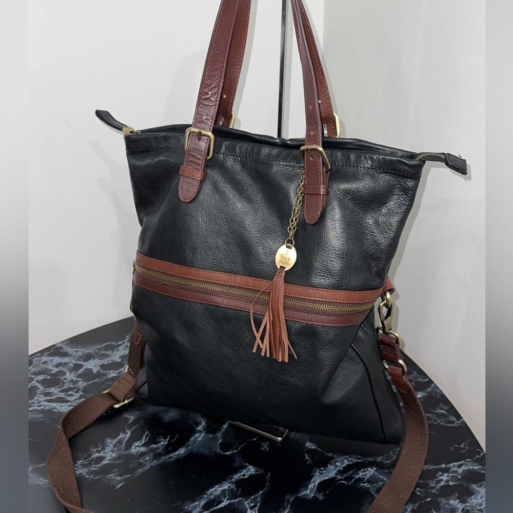 CROWN VINTAGE Large Bag Black and Brown Leather Tote AUTHENTIC